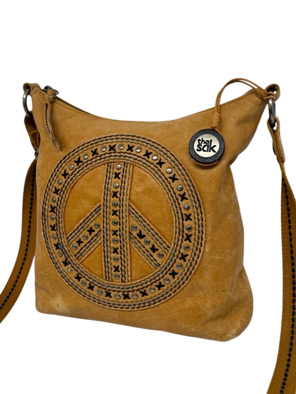 The Sak Camel Brown Leather Peace Sign Design Crossbody Studded Purse Bag 11x11 - Picture 5 of 16